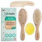 Chibello 4 Piece Wooden Baby Hair Brush and Comb Set | Natural Soft Goat Bristles Hairbrush for Cradle Cap Treatment | Wood Bristle Brush for Newborns and Toddlers | Best Baby Shower and Registry Gift