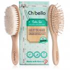 Chibello 4 Piece Wooden Baby Hair Brush and Comb Set | Natural Soft Goat Bristles Hairbrush for Cradle Cap Treatment | Wood Bristle Brush for Newborns and Toddlers | Best Baby Shower and Registry Gift