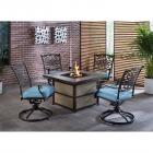 Hanover Traditions 5-Piece Fire Pit Chat Set with 4 Swivel Rockers in Blue with a 40,000 BTU Fire Pit Table