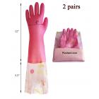 2 Pairs of Household Cleaning Reusable Gloves, Super-soft Latex with Plush Lining and Extra Long Cuff
