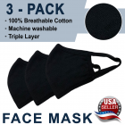 New Face Mask Triple Layers 100% Cotton - Washable and Reusable - Pack of 3