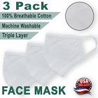 New White  Unisex  Washable Reusable Face Mask (In Stock) - Triple Layer - 3 Pack, Ships From USA