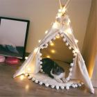 Clearance 28" Pet Teepee House Fold Away Beige Pompom Pet Tent Furniture Cat Bed with Cushion