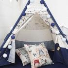 63" Portable Pet Teepee Tent Dog Bed with/ Pine Poles and window, White & blue stripes